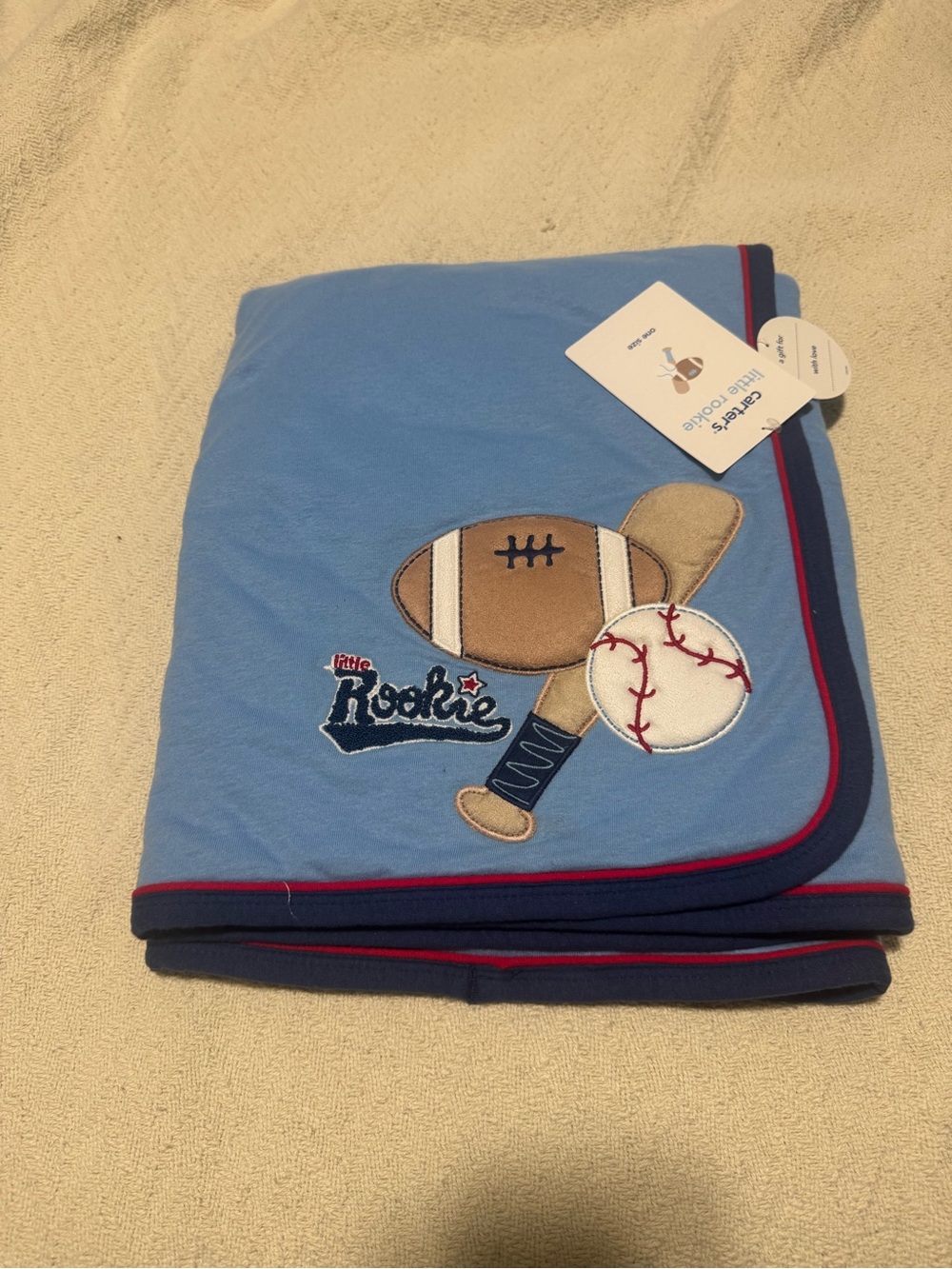 Carter's Light Blue Baby Sports Applique Blanket with Navy Trim